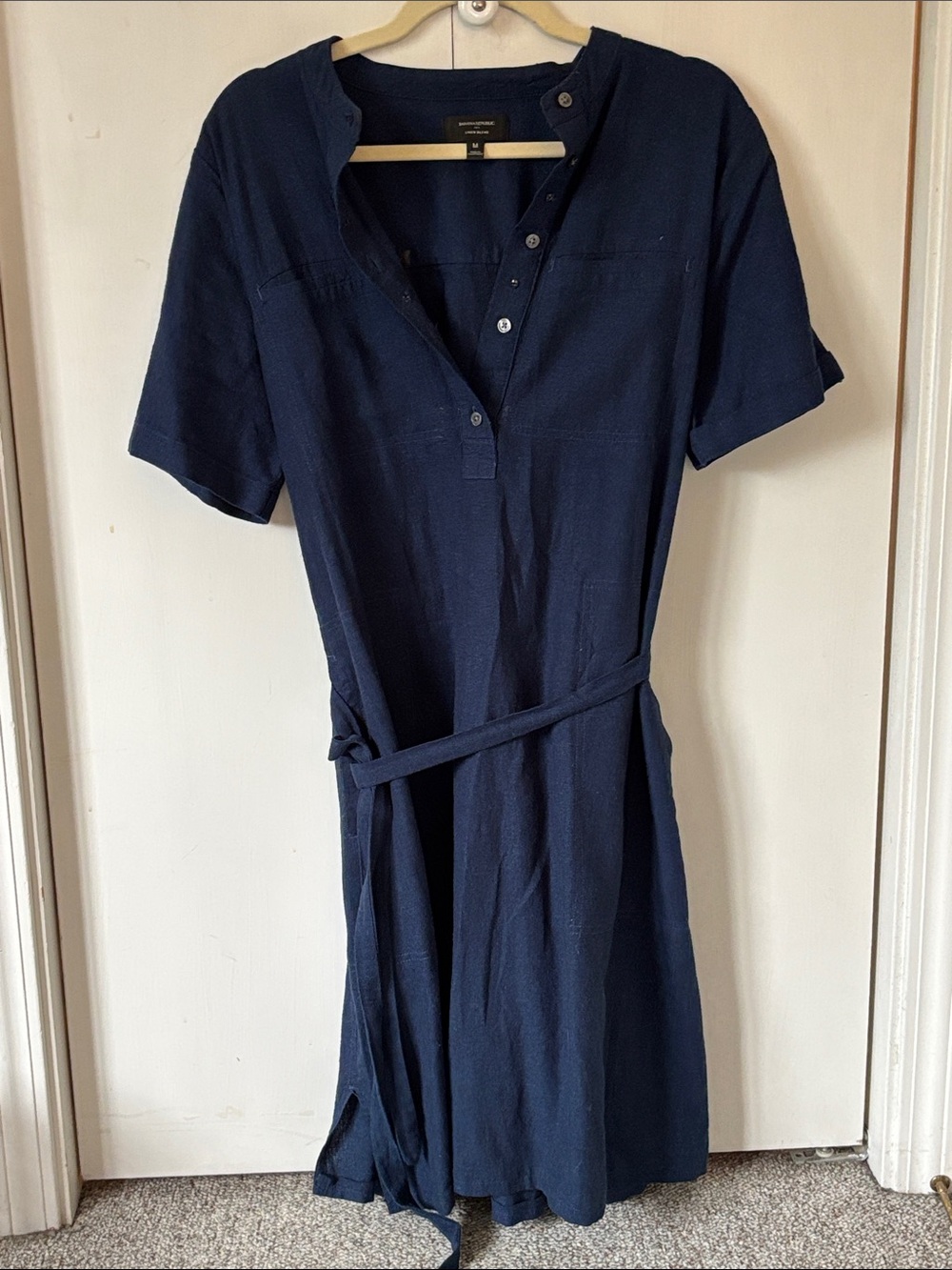 Banana Republic Navy Short-Sleeve Shirt Dress with Waist Tie